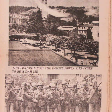 Inside page of newspaper: tear gas being sprayed and guard marching with captions