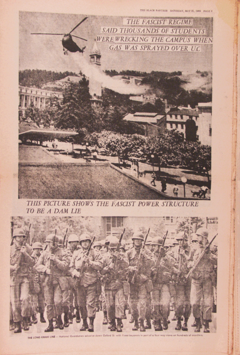Newspaper page with photos of tear gas and guardsmen in Berkeley