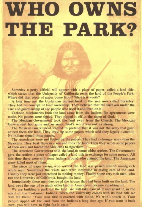 Who Owns the Park? Poster featuring an indigenous person brandishing a gun, overlaid with text