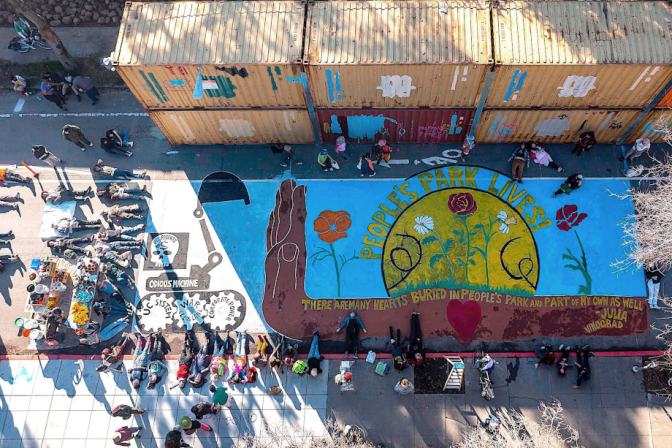 Aerial view of street mural, People's Park Lives