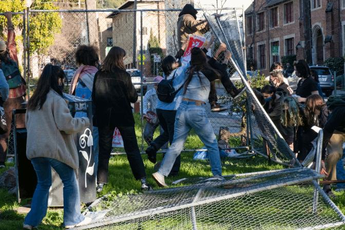 People tearing down fences at park