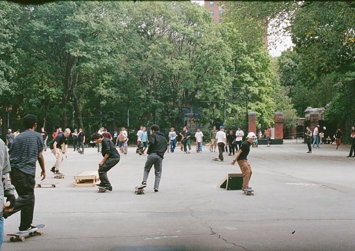 Young skateboarders ride on concrete, green trees in background